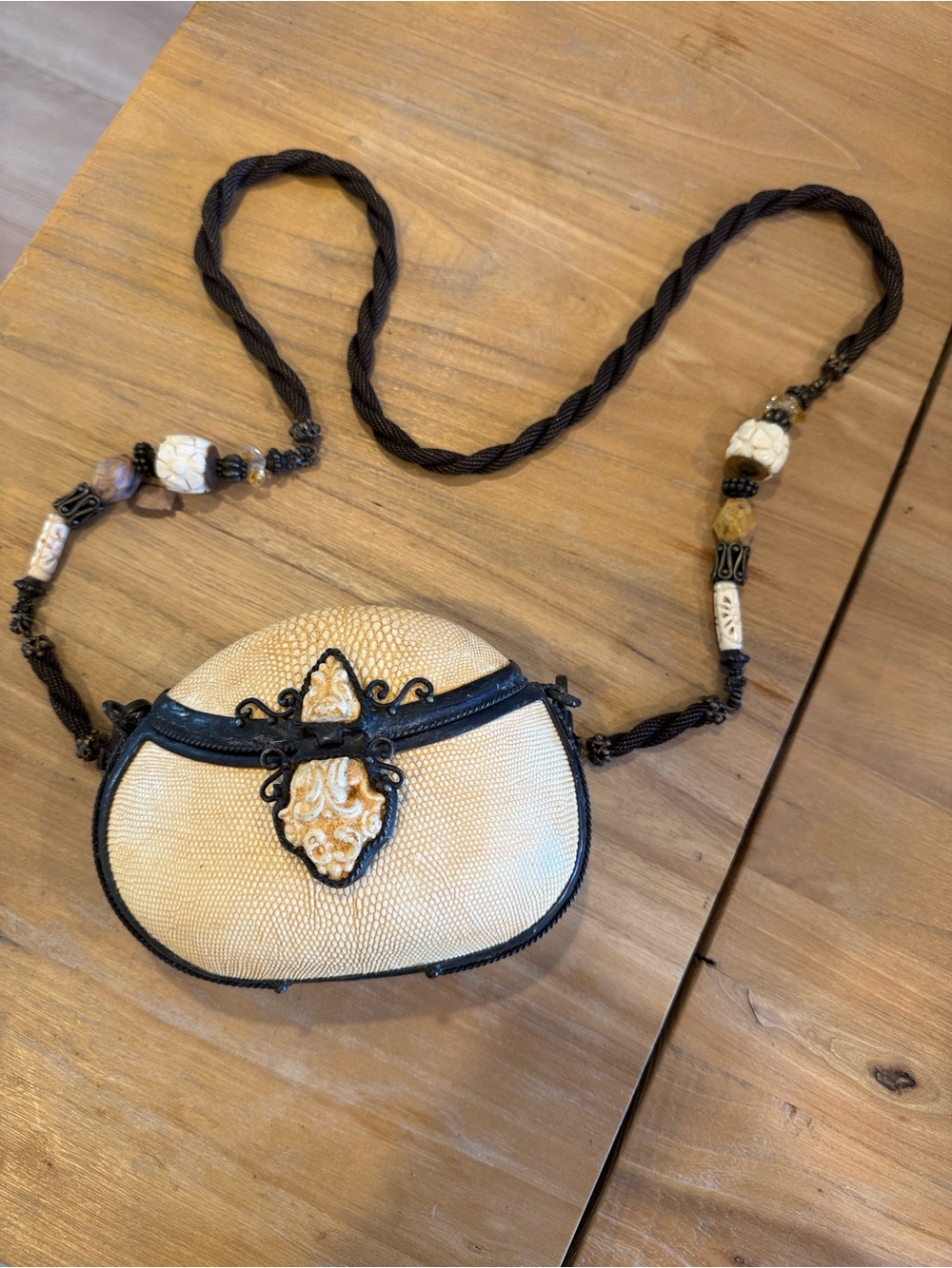 Elegant Cream and Black Beaded Crossbody Bag